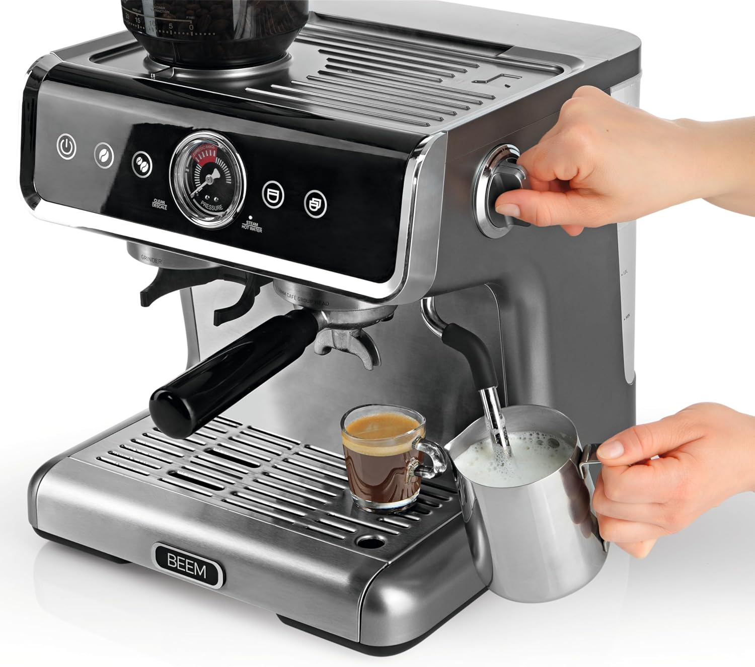 اسپرسوساز حرفه‌ای BEEM مدل ESPRESSO-GRIND-PROFESSION با آسیاب داخلی و کف شیر